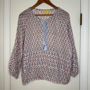 Roller Rabbit Women XS White Red Blue Floral Print Tassel Tie Neck Blouse